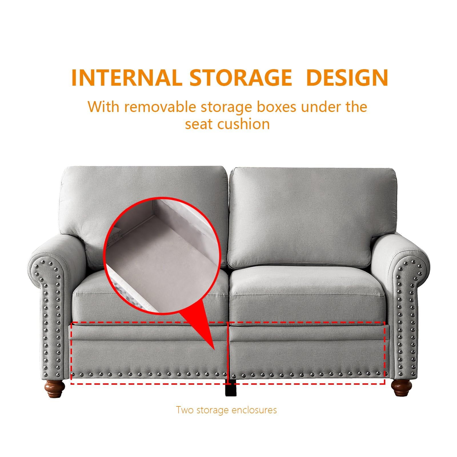 Grey Fabric Loveseat Sofa with Storage - Modern Round Arm Upholstered 2-Seater, 100% Polyester, Sturdy Solid Wood Frame, 600lbs Capacity