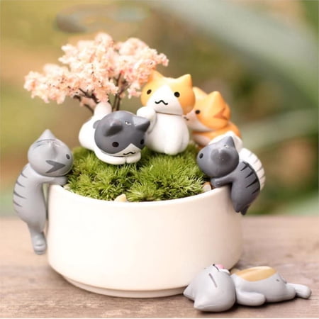 6Pcs Lucky Miniature Cat Fairy Garden Micro Landscape Home Garden Decoration Plant Pots