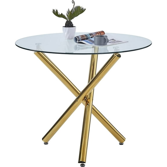 Round Dining Table with Clear Tempered Glass Top and Gold Legs, Round Glass Table for Restaurant/Dining Room 35.43" D x 35.43" W x 29.5" H