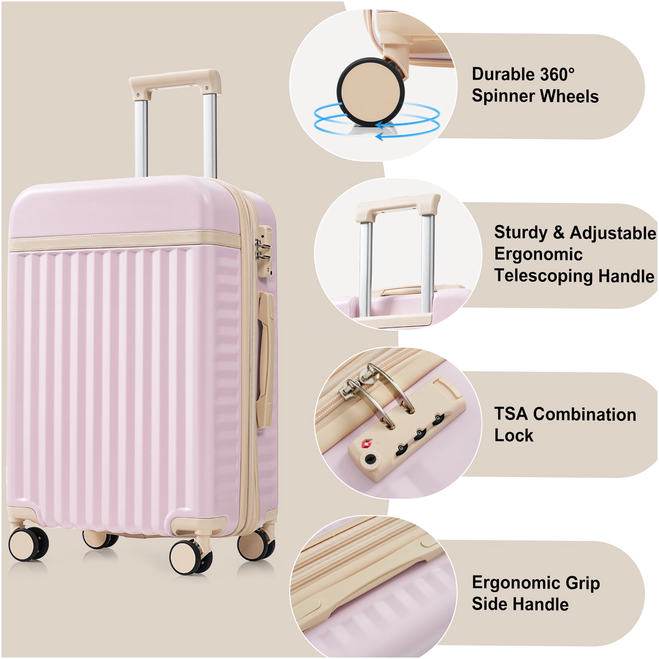 JERFIT 3-Piece Hard Shell Luggage Set with USB Port, TSA Lock & Spinner Wheels, Airline Approved Carry On Suitcase Set in Light Pink