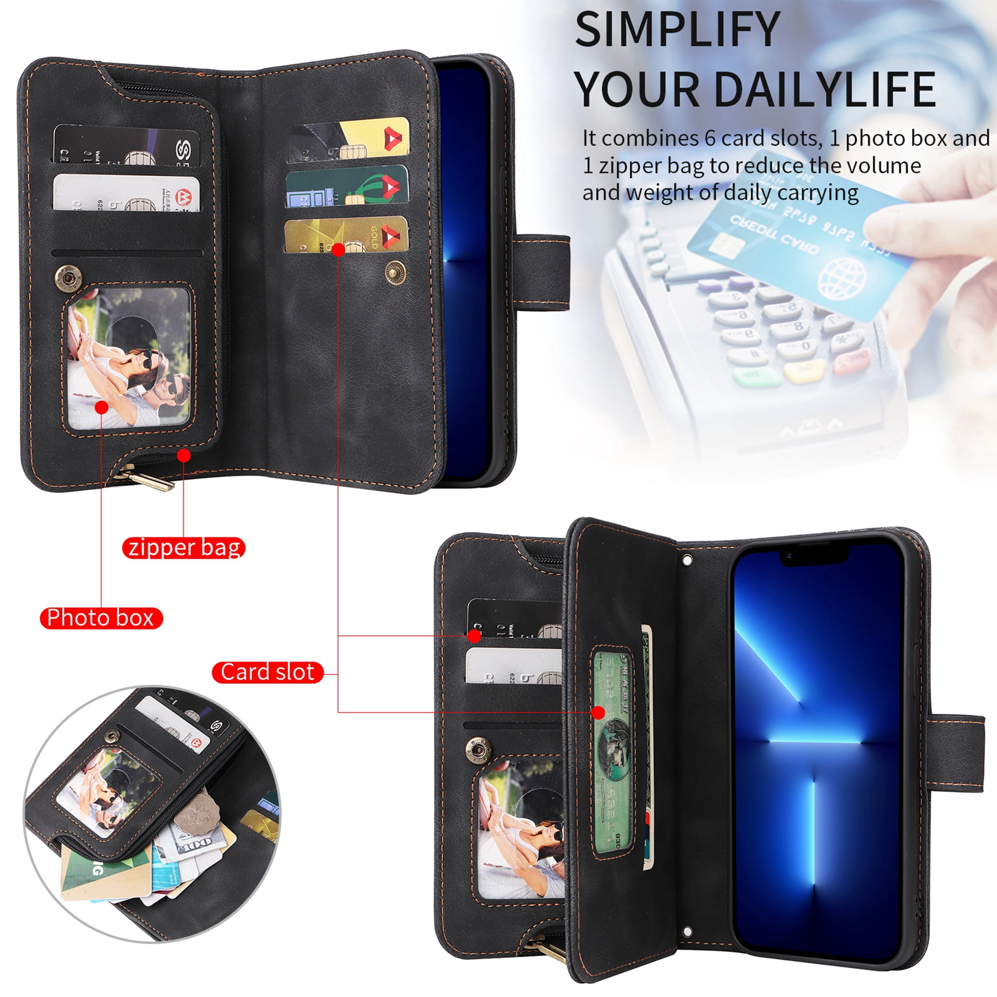Dteck for Apple iPhone 14 Pro 6.1 inch Wallet Case for Women Men, Sturdy PU Leather Case Magnetic Flip Zipper 7 Cards Holder Wristlet & Shoulder Strap Kickstand Phone Case, Black