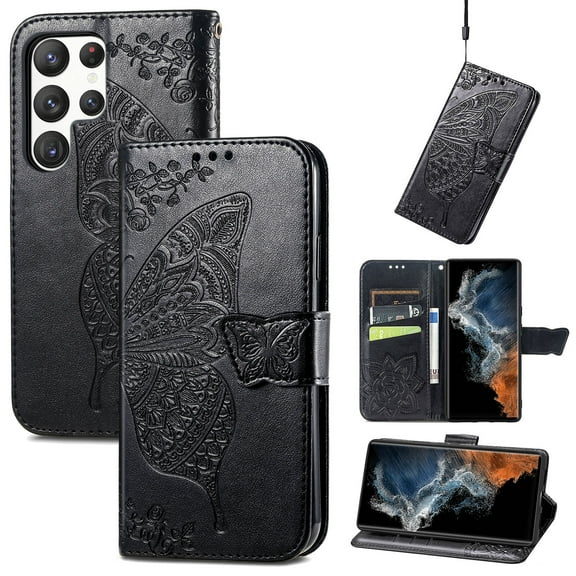 Feishell Wallet Case for Samsung Galaxy S24 Ultra 6.8 inch,Butterfly & Flower Embossed PU Leather TPU Inner Shell Magnetic Flip Stand Card Slots Shockproof Protective Phone Cover,Black