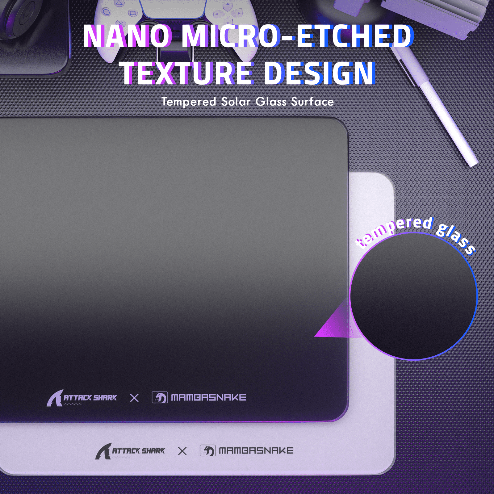 ATTACK SHARK CM05SE Glass Gaming Mouse Pad,16.14x12.20 in Tempered Glass Hard Mouse Pad with Nano-Textured Surface, Non-Slip PU Leather Base,9H Scratch Resistant Large Mouse Mat for FPS &PC Gaming