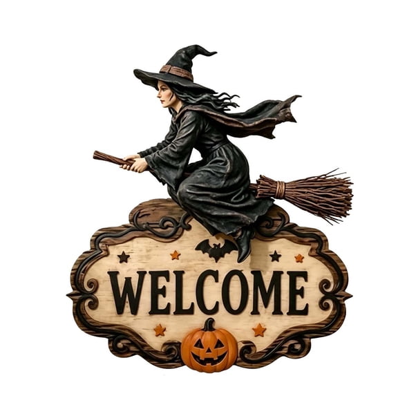 Halloween Witch Welcome Sign, Vintage Flying Witch Wall Hanging Decor for Front Door Porch Decor