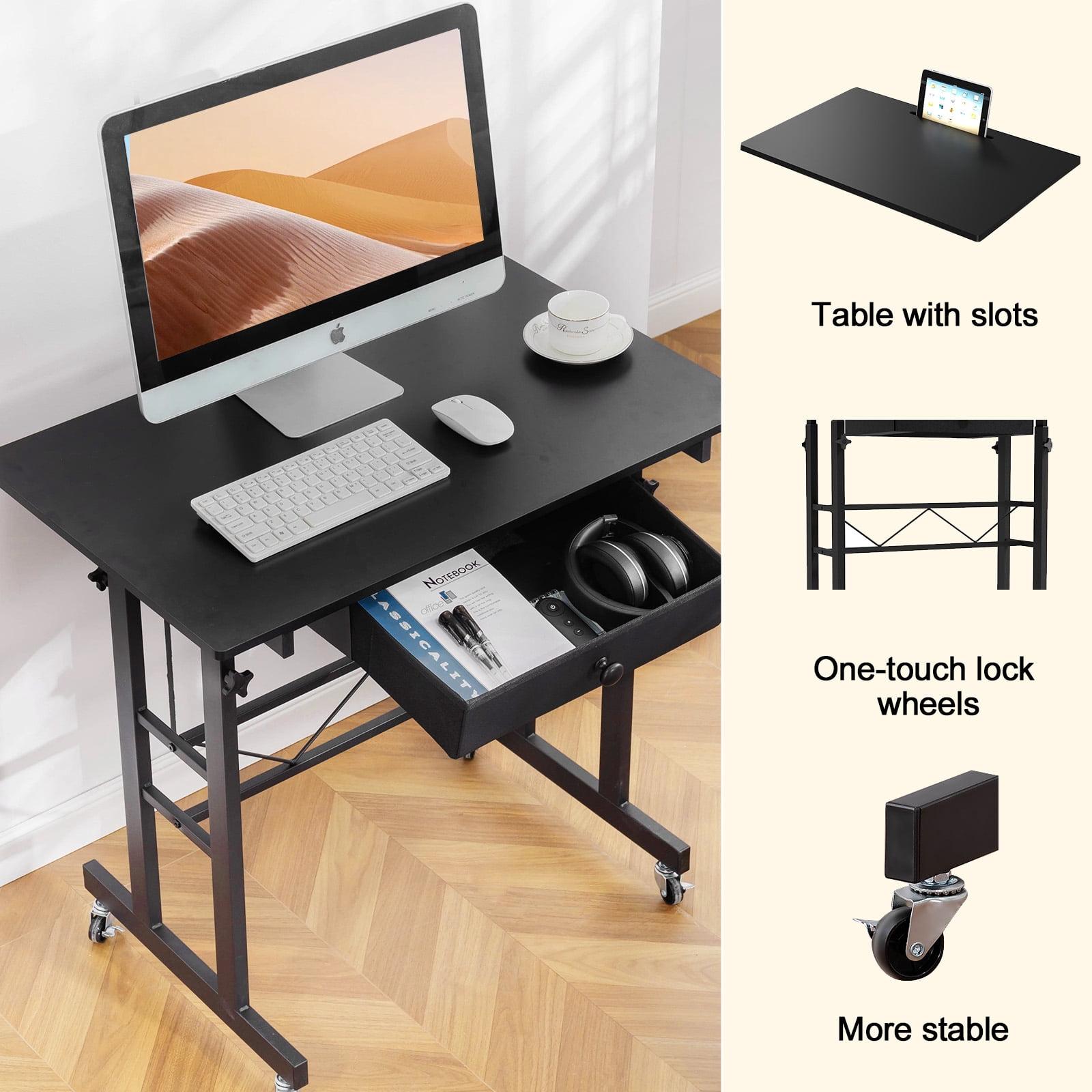 EXRACING Adjustable Height Small Standing Desk, 32" Portable Rolling Laptop Table with Wheels, Mobile Sit-Stand Computer Workstation, Treadmill Desk，Black