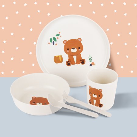 GIA Design Group Toddler Bamboo Dinnerware Set 5 Pieces with Plates Bowls Cup Spoon Fork  Cute Bear