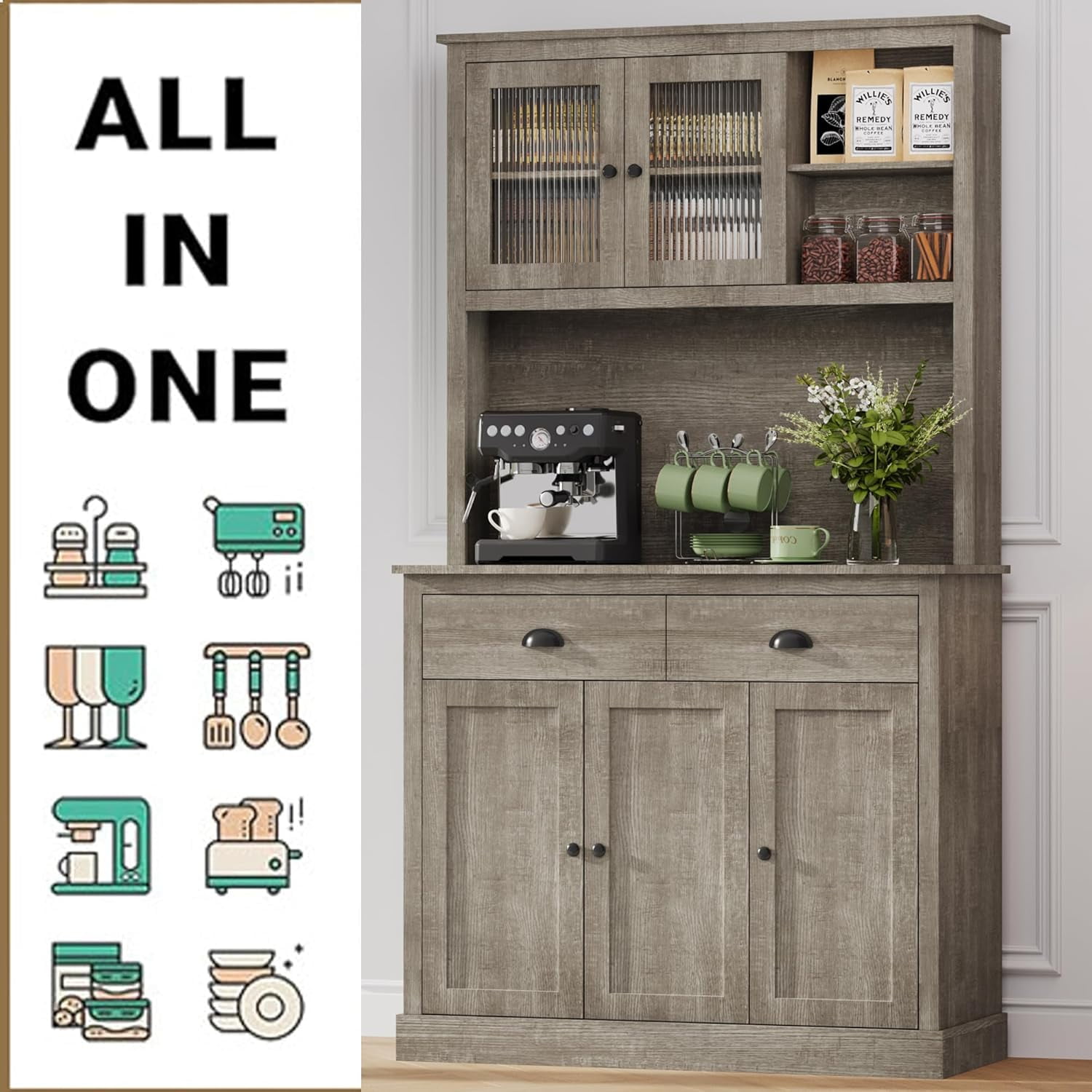 Kitchen Pantry Storage Cabinet, 71" Tall Wood Pantry with Microwave Stand, Modern Kitchen Hutch Cabinet, Coffee Bar Hutch with Wine Rack for Dining Room, Living Room, Grey