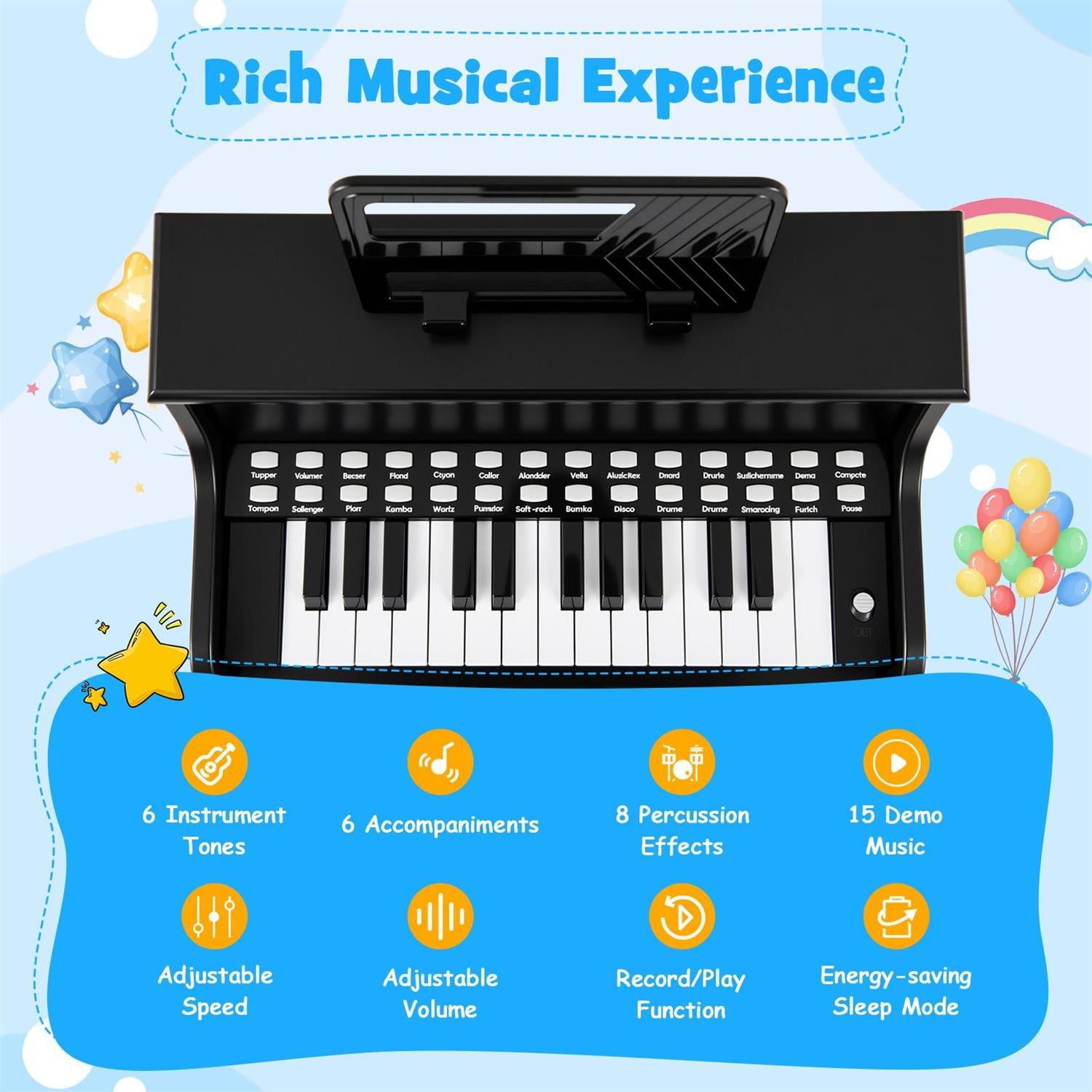 Spaco 25-Key Kids Piano with Stool, Adjustable Speed & Volume, Record/Playback, Sturdy Design, Music Enlightenment, Black