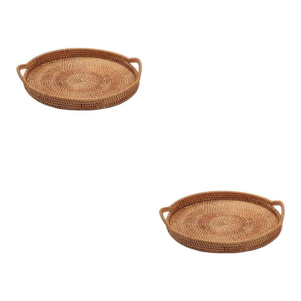 Wosthever Hand Woven Round Rattan Serving Tray Basket Serving for Food Drinks Bread Type1