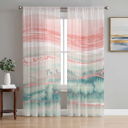 Peach Blue Ombre Sheer Curtains 72 Inch Length 2 Panels Set Abstract Modern Art Fluid Striped Voile Window Treatment Rod Pocket Curtains Sheers Drapes for Bedroom/Living Room/Kitchen 52 x72 x2