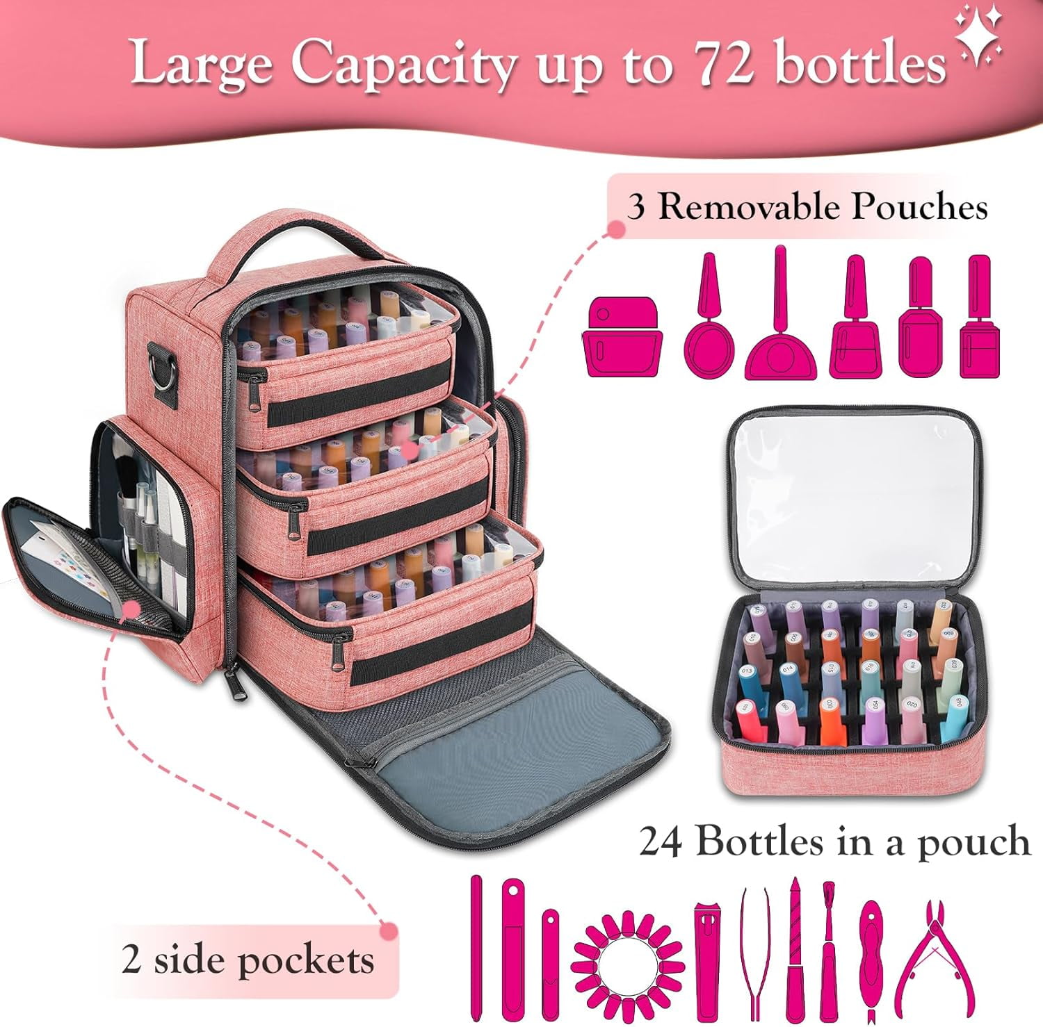 YOREPEK Large Travel Makeup Bag Cosmetic Store Organizer Bag with 3 Detachable Foam Slot for Nail Polish, Pink