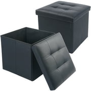 LotFancy 2 Pack Storage Ottoman Cube with Lid, Black Faux Leather, 13x12x12 In