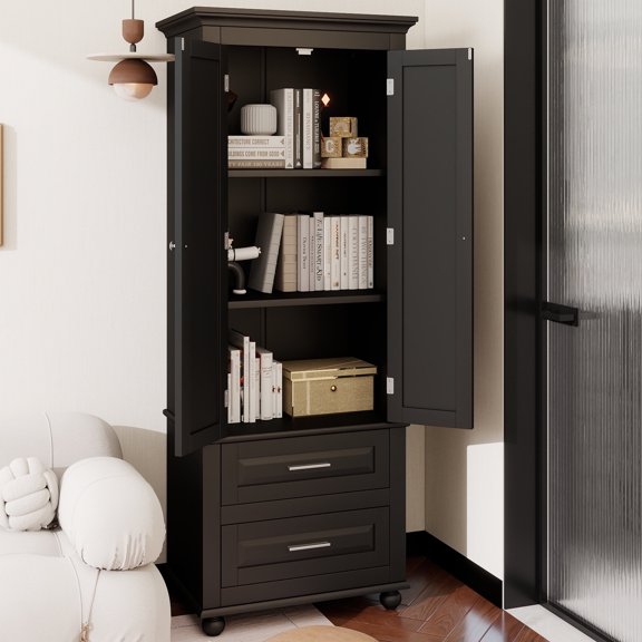 Tall Storage Cabinet with Two Drawers for Bathroom/Office, Black