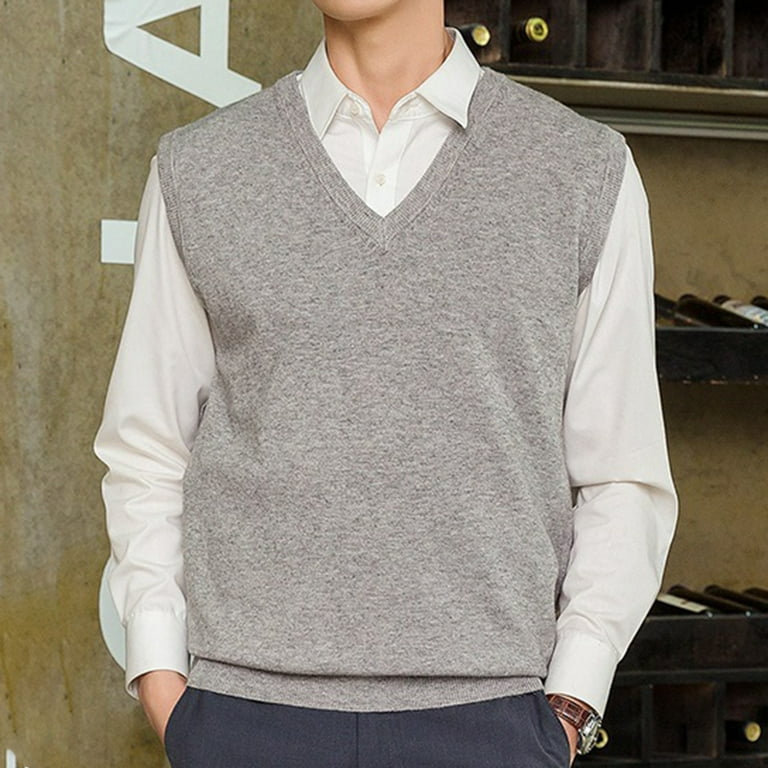 Sleeveless Loose Warm Sweater Vest Men Solid Color V-neck