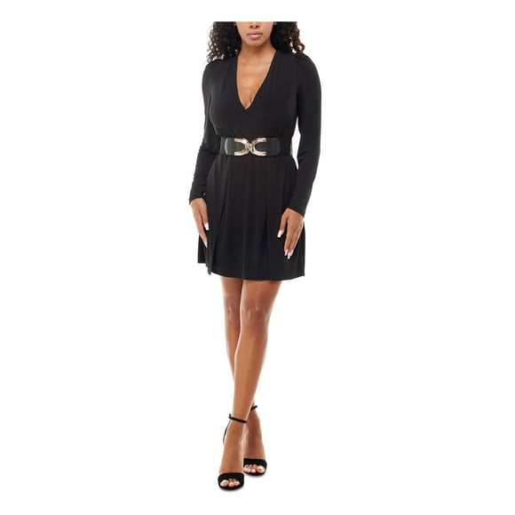 EMERALD SUNDAE Womens Black Stretch Belted Layered Skirt Front Long Sleeve V Neck Above The Knee Evening Fit + Flare Dress M