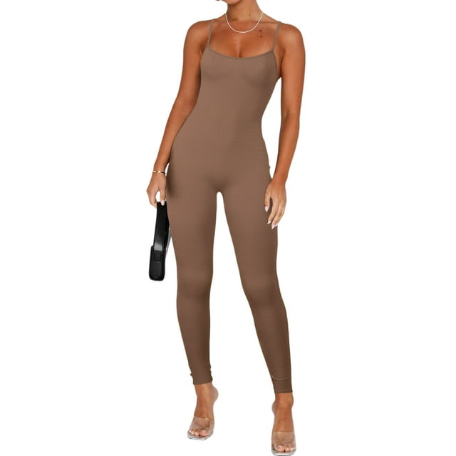 Bellella Combinaisons pour Femmes Col Rond Pantalon Long Combinaison Extensible Décontractée Bretelles Spaghetti une Pièce Femme 2831 Kaki G