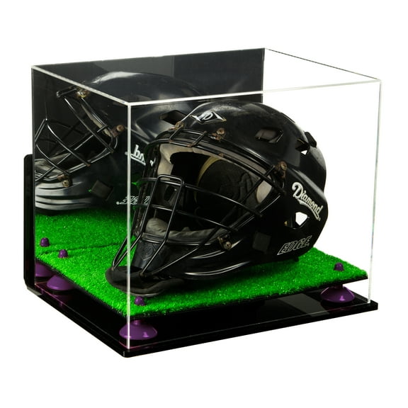 Acrylic Catchers Helmet Display Case with Mirror, Wall Mount, Purple Risers and Turf Base (A002-PR)