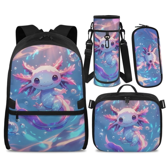 Yspwyqan Ocean Purple Axolotl Backpack Set 4Pcs with Lunch Box Pencil Case and Water Bottle Bag, 17 Inch Double Zipper Lightweight Bookbags Fits 14" Laptop for School Travel