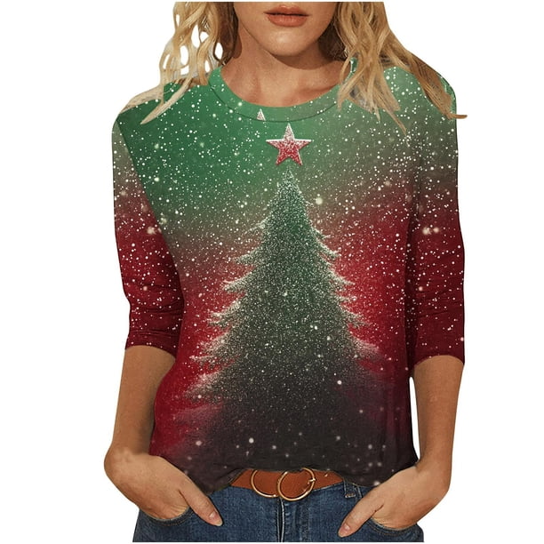 Camisetas de Navidad para Mujeres, 3/4 Manga Cuello Redondo Blusa con Estampado de Vacaciones, Top de Moda Casual