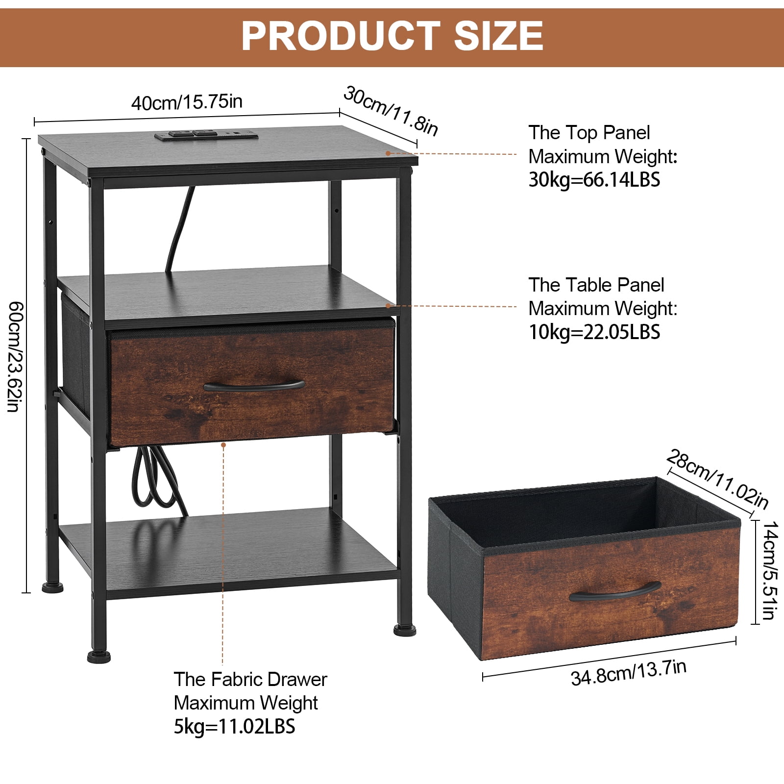 Beddle Nightstand with Charging Station, LED Bedside Table with 1 Fabric Drawer, 3-Tier End Table for Bedroom, Living Room, Black and Brown