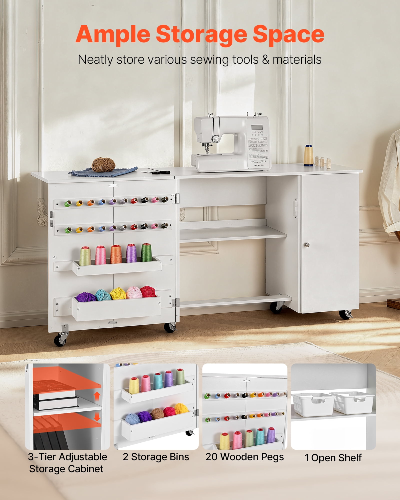 VEVOR Folding Sewing Table, Multipurpose Sewing Machine Table with Cabinet, Compact Design, Wheels, Wooden Pegs, Storage Trays and Shelf, Magnetic Door, Craft Station and Side Desk for Home, White