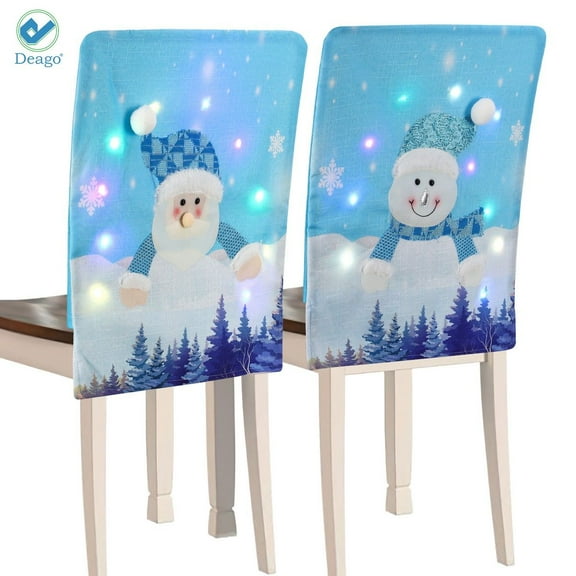 Deago 2 Pack Christmas Chair Covers with LED Lights Cute Snowman Santa Claus Chair Slipcovers for Dining Room Xmas Home Party Decor