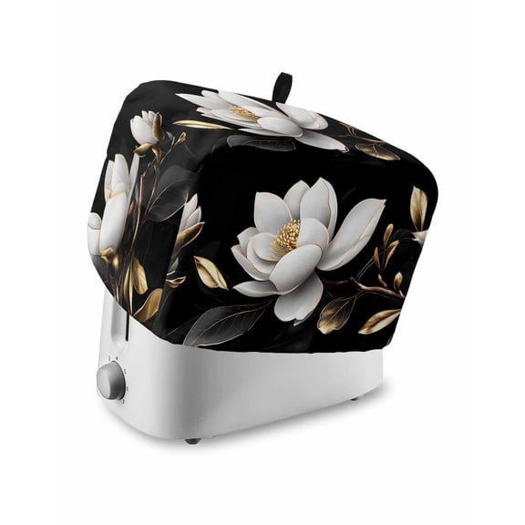 Fsddascl Gorgeous Flowers Toaster Cover 4 Slice, Large Kitchen Appliance Covers, White Gold Floral Botanicals Black Toaster Oven Cover with Loop, Bread Machine Cover Polyester Dust Cover Protection