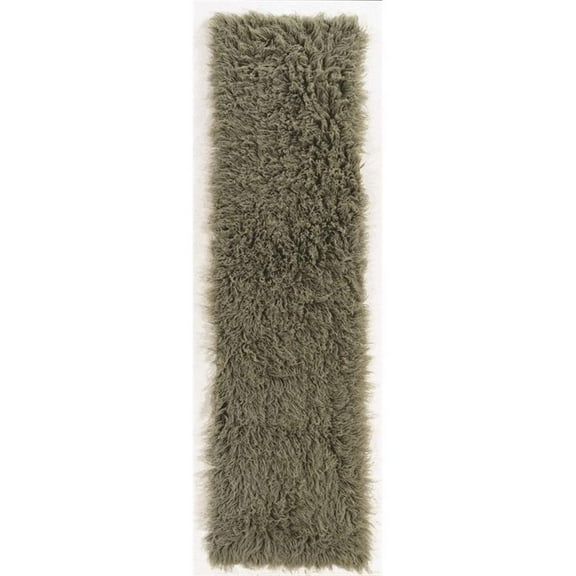 Linon New Flokati Hand Woven Wool 2'4"x8'6" Rug in Olive Green