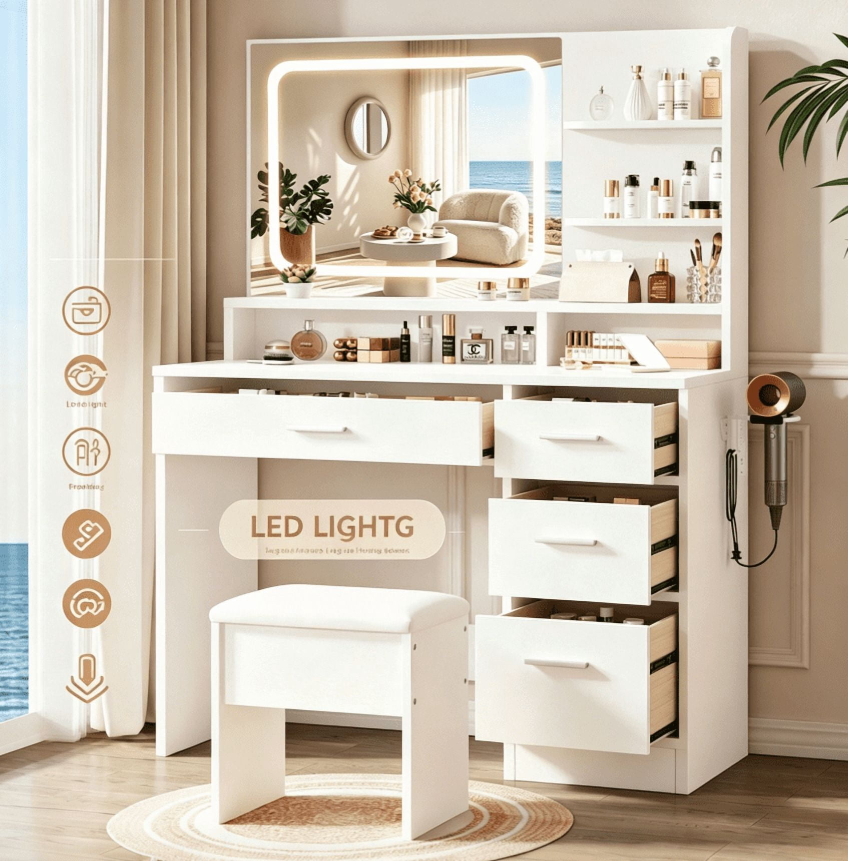 Elegant Vanity Includes Lighted Mirror And Storage Drawers; White Makeup Table For Women; Suitable For Various Settings Including Bedrooms, Living Rooms, And Dorms