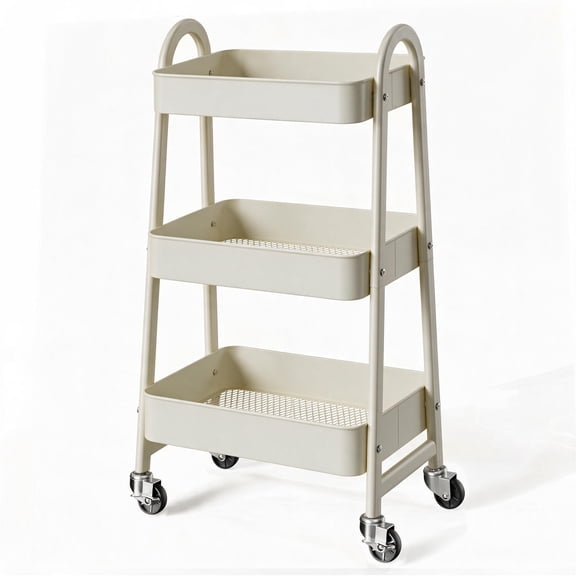 Gianna 3 Tier Utility Rolling Cart, Metal Mobile Storage Shelf with Lockable Caster Wheels, Organization for Livingroom, Bathroom & Narrow Places, White
