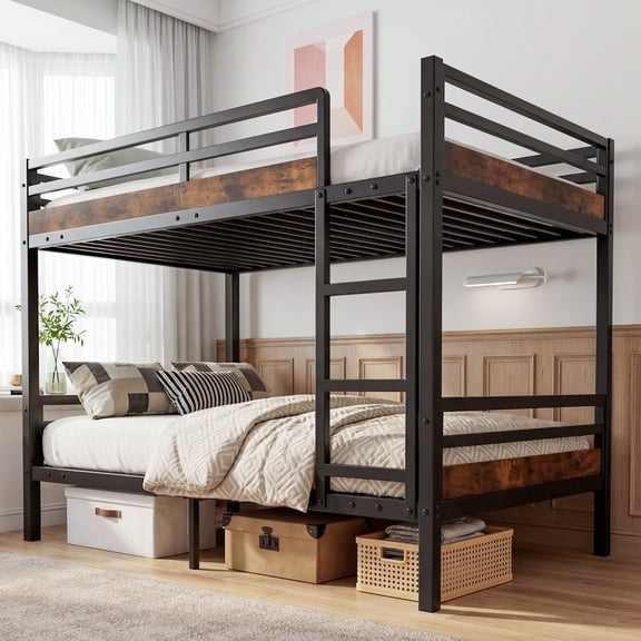 Bunk Bed Twin With Ladder, Space Saving Design, Bunk Beds Twin Over Twin,Black Metal Frame & Laminate Wood Finish, 500 Lbs Capacity