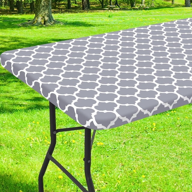 LAICAIW Elastic Fitted Vinyl Tablecloth, 30'' x 48'' Flannel Backing Rectangle Table Cover for 4ft Folding Table, Waterproof Wipeable Table Cloth for Outdoor Picnic Camping Parties, Grey Moroccan
