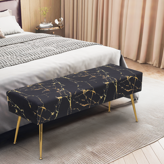Magshion Rectangular Tufted Velvet Marbling Pattern Ottoman, Entryway Microfiber Shoe Stool, Bedroom End of Bed Bench, Home Footrest Footstool, Black/Gold