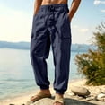 thumbnail image 2 of Homeyce Linen Pants Men with Elastic Waist Drawstring Wide Leg Pants with Deep Pockets Linen Cotton Trousers Yoga Beach Loose Fit Casual Summer Lounge Wear,Blue 2XL, 2 of 5