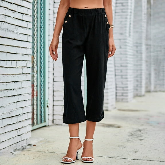 WIZUTIZ Work Pants Women Vintage Relaxed Loose Wide Leg Trousers Elastic Spandex High Rise 7/8 Length Palazzo Pants Solid Button Side with Pockets Beach Pants for Ladies Business Party Black