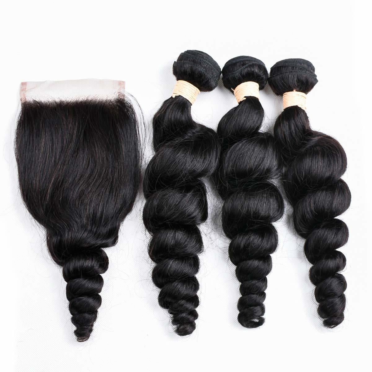 Brazilian Loose Wave 3 Bundles with Closure 4x4 Free Part Virgin Human Hair 10A 100% Unprocessed Human Hair Extensions Natural Color