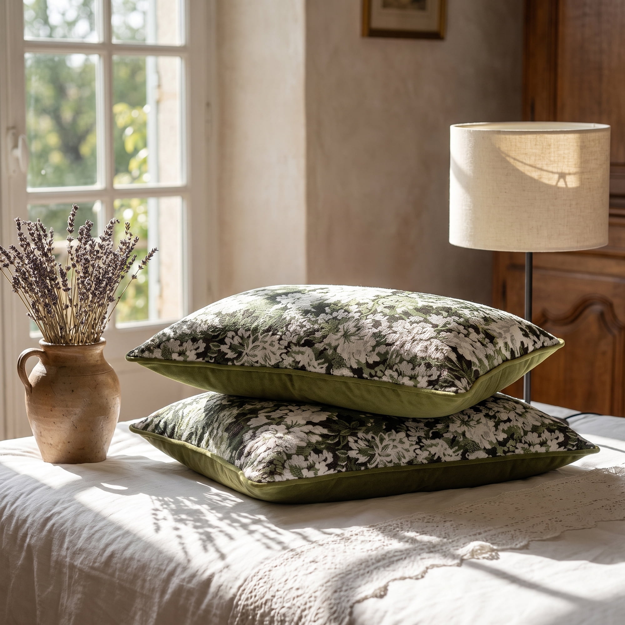 Unique Bargains Floral Throw Pillow Cover with Piped Edge Decor Cushion Case Green 20"x12"