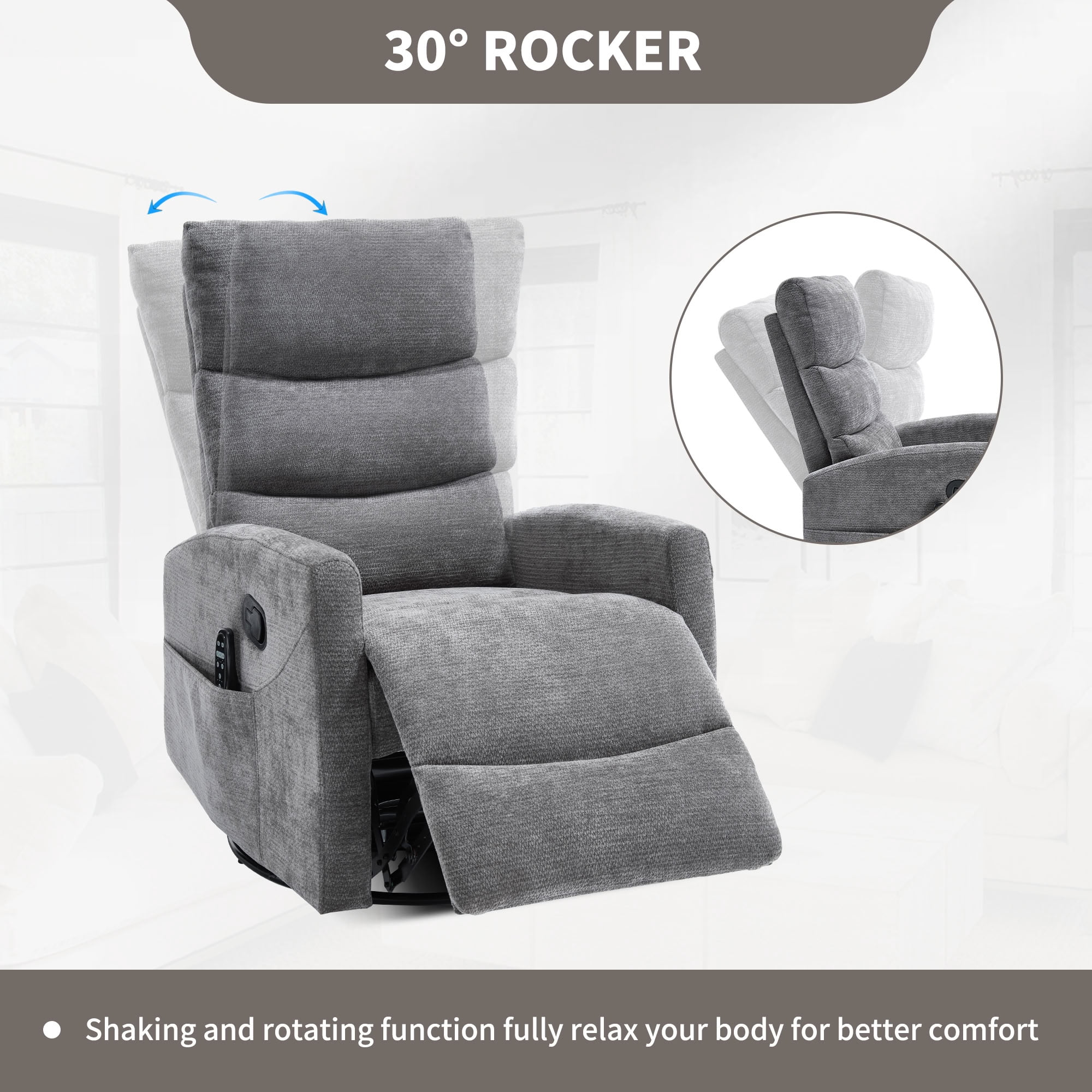 MAYEERTY 360 Degree Swivel Rocker Recliner Chair, Manual Recline Glider Chair with 8-Point Vibration Massage & Lumbar Heat, for Living Room Nursery Bedroom