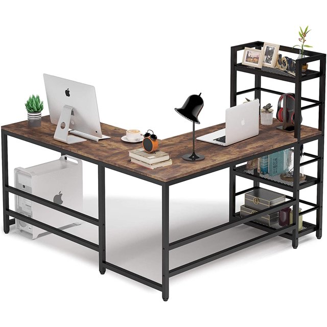 Tribesigns 59 Inch L Shaped Desk with Reversible Storage Bookshelf for Home Office