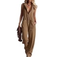 thumbnail image 4 of Women's Hooded Jumpsuit, Long Sleeve Front Zipper Romper with Pockets, Wide Leg Casual One Piece Outfit, Retro Sporty Streetwear and Loungewear​-Khaki, 4 of 6