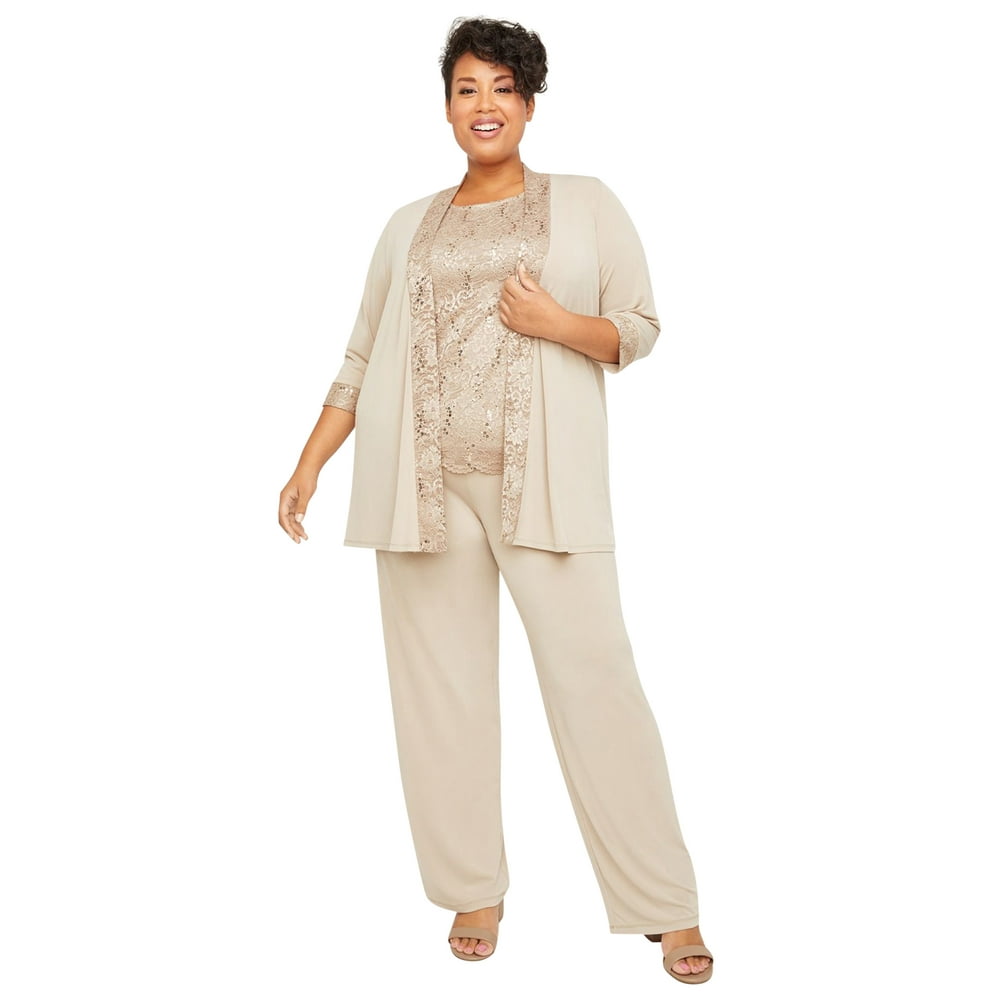 Catherines - Catherines Women's Plus Size 3-Piece Lace Gala Pant Suit - 18 W, Chai Latte Beige