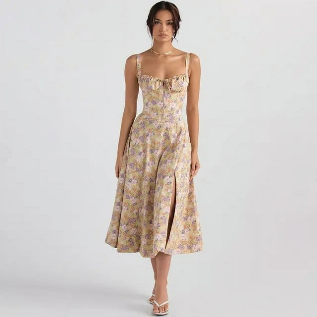 Robe Gainante à Taille Mi-Haute à Bustier Floral, Robe d'Été Confortable à Bustier, Ajustée, Moulante, Élégante, Ligne A, Été, Fente Haute, Robe Midi de Soirée