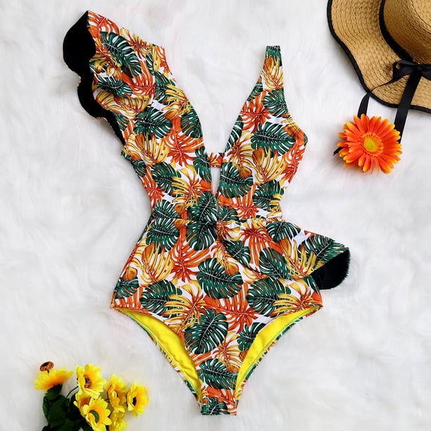 2022 nuevo traje de baño Sexy de una pieza con estampado Floral y volantes, traje de baño con hombros descubiertos para mujer, ropa de playa sólida con escote en V profundo, traje de baño Monkini Tan Jianjun unisex