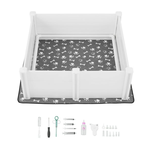 KFFKFF Plastic Whelping Box for Dogs, 48 x 48 x 18.1 inch, Durable PVC Puppy Playpen with Adjustable Door Height and Washable Pad, Indoor Play Area for Large Dogs, Milk White