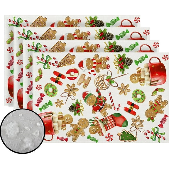 Linen Christmas Gingerbread Placemats Set of 4 Merry Christmas Xmas Winter Holiday Christmas Party Decorations and Supplies for Home Kitchen Dining Room Table-12×18''''