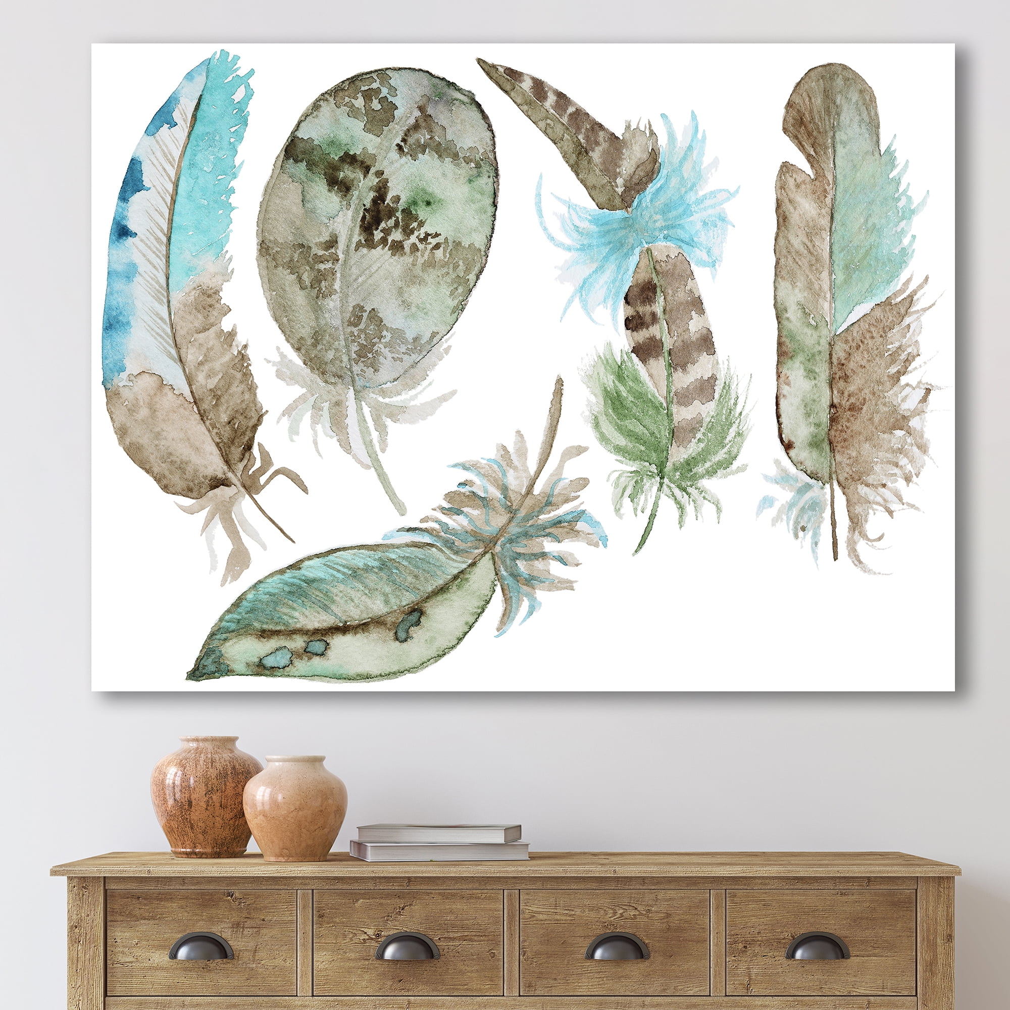 Designart ' Green Feathers Set On White ' Bohemian & Eclectic Canvas Wall Art Print