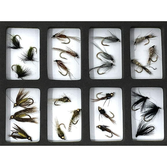 Feeder Creek Fly Fishing Assortment - 24 Flies in 8 Patterns - Wet Mayflies with Fly Box
