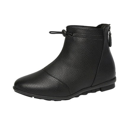

Boots Winter Women s Shoes Breathable Flat Pure Color Leather Retro Zipper Short