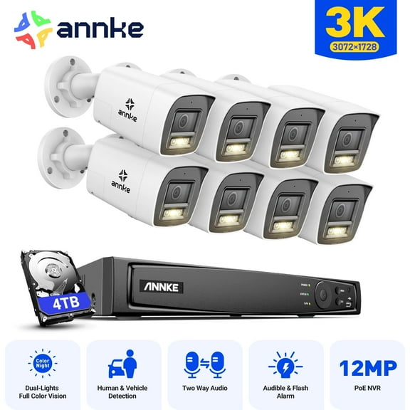 ANNKE 3K POE Color Security Camera System 2-Way Audio 16CH 12MP NVR Audible Alarm, Smart Dual Light, Audible Alarm, Color Night Vision, IP67 Waterproof, 4TB HDD
