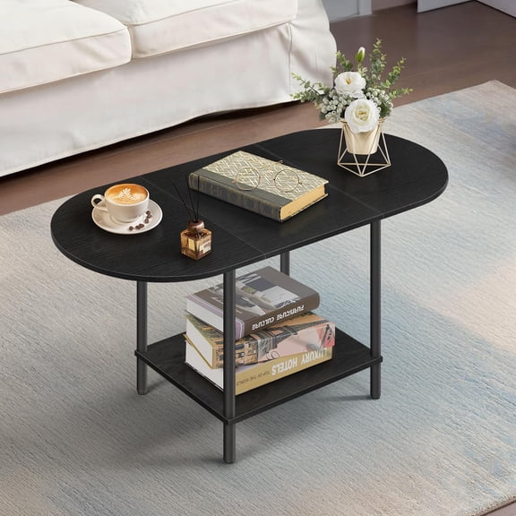 Black Coffee Tables for Living Room,Mid Century Oval Small Center Table with Storage Shelf and Wood Tabletop,2-Tier Farmhouse Low Cocktail Tea Table for Small Space,Apartment